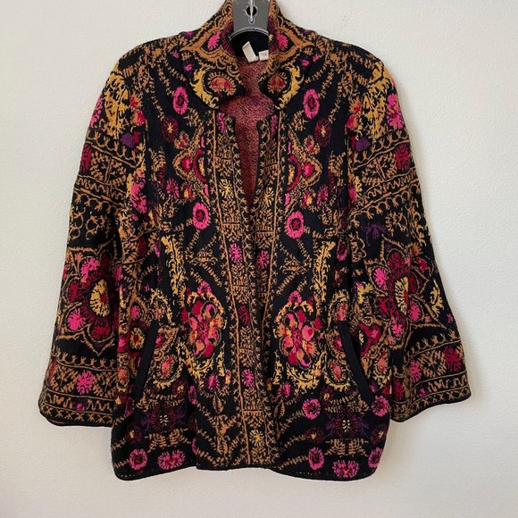 Moth Sweaters - Anthropologie Moth Paisley Floral Thick Cardigan Bell Sleeve Pink Yellow Black